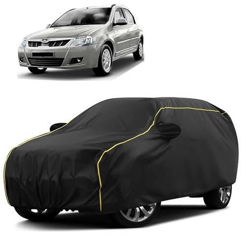 Image of Sulfar 100% Water Resistant Car Body Cover Compatible with Mirror for Mahindra Verito (Triple Stitched, Full Bottom Elastic, Black Taffeta with Yellow Piping)