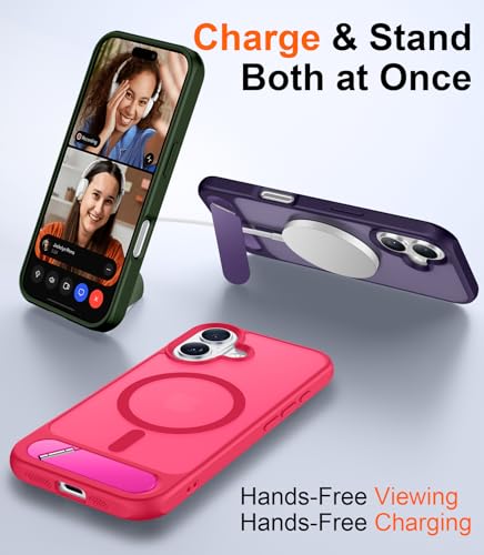Image of Designed for iPhone 17 Case, [Built-in Invisible Kickstand][Compatible with MagSafe][Military Grade Shockproof] Slim Translucent Matte Phone Case 6.3 inch (Hot Pink)