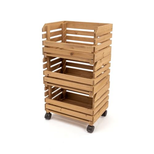 LIN HOME Organizador Extraibles con Ruedas 3 Niveles para Fruteria 35x25x65cm - Cajas de Almacenaje de Madera para Organizar Frutas y Verduras Color Madera