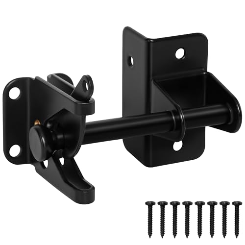 KINJOUZ Self Locking Gate Latch for Wooden Fence, Heavy Duty Automatic Gravity Fence Latch for Wood Metal Gate, Gate Hardware Door Lock for Outdoor Pool Garden Shed, Black, 1Pack
