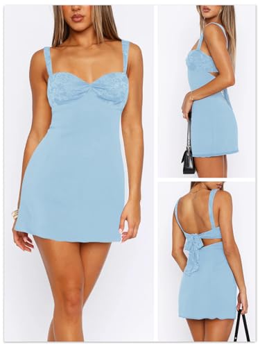 Image of Women's Summer Mini Dresses Sleeveless Sexy Square Neck Lace Splicing Cocktail Party Straps Bodycon Dress