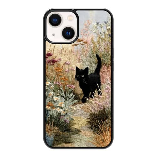qizjio Cute Black Cat Phone Case, Shockproof Protective Embroidery Flower Cover for iPhone 15