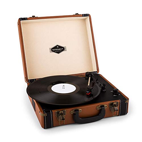 AUNA Jerry Lee, Record Player, Retro Design, Turntable in Portable Suitcase, Phonograph, Belt-Drive, Built-in Stereo Speakers, USB-Port, Vinyl LP, Carrying Strap, Digitization, Plug & Play, Brown