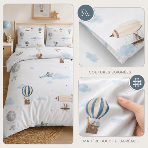 Miniatura 5 de Globo AerostáTico Funda Nordica Cama 90 Infantil AvióN Ropa de Cama 3 Piezas, Microfibra Suave Transpirable Funda de Edredon Nordico 150x220 cm y 2 Funda de Almohada 50x75 cm, con Cremallera