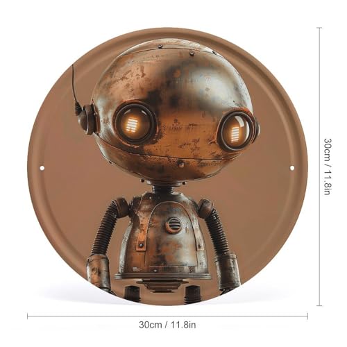 Image of 11.8 X 11.8 Inches Circular Iron Hanging Picture Little Brown Robot Printed Modern Iron Plate Hanging Painting Round Art Hanging Picture for Home Wall Decor