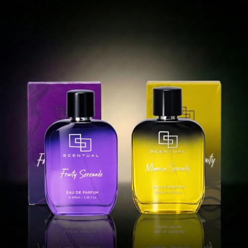 Image of Scentual Perfume Fruity Serenade & Mimosa Serenity EDP (Pack of 2) For Men & Women | Long Fragrance Duo with Cassis, May Rose & Mimosa | Modern Lifestyle Scents for All Occasions (100mlx2)