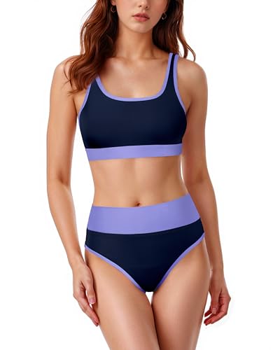 Period Swimwear Two Pieces Leakproof Swimsuit Menstrual High Waist Sporty Bikini Sets Color-Block Bathing Suit for Teen Girl
