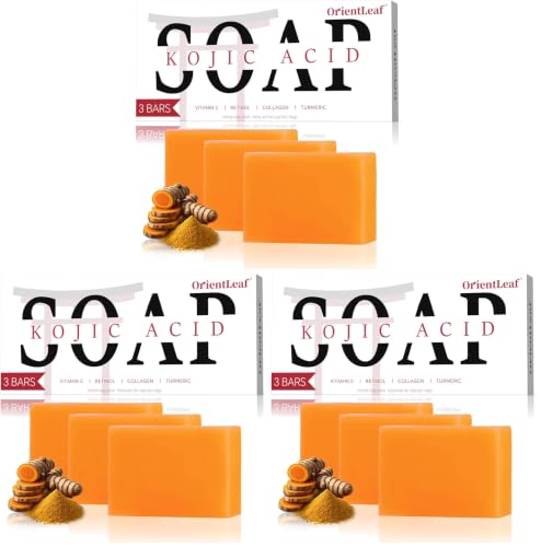 ORIENTLEAF Kojic Acid Soap, Turmeric Soap Bar for Dark Spots, Fresh Citrus Scent, Gentle for Face and Body Wash with Vitamin C, Shea Butter, Retinol, Gifts for Women (9 PACK)