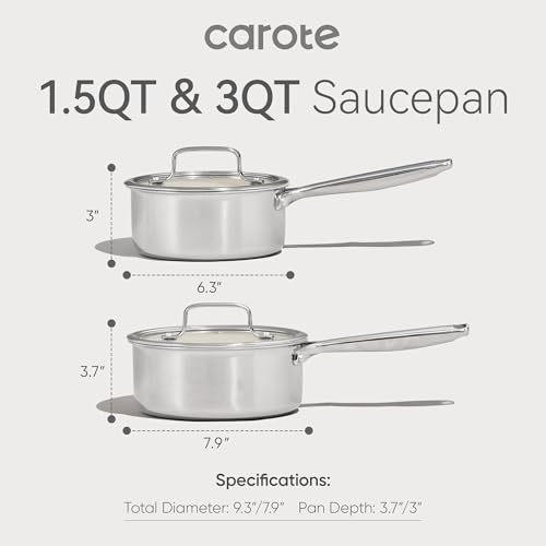 CAROTE 1.6Qt & 3Qt Stainless Steel Saucepan Set, Ceramic Pot Sets Non-Stick Non-Toxic Kitchen Cookware, Small Cooking Pots with Lids, Oven Safe, Induction Sauce Pan, Even Heating