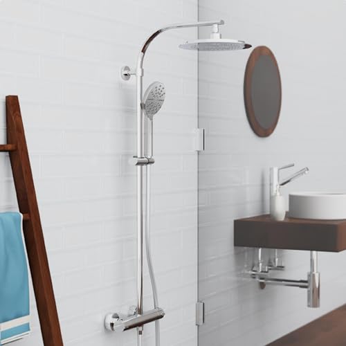 SCHÜTTE MADURA Duschsystem mit Thermostat, Duschset mit großer Regendusche (Ø 24 cm) und verstellbarer Handbrause, Brauseset mit Duschstange, Duschsäule Duschpaneel, Chrom