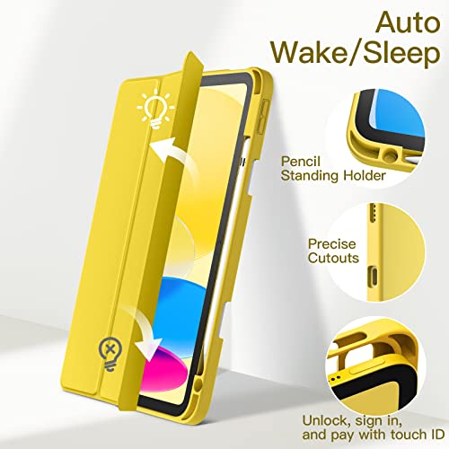 Image of JETech Cover Case for iPad (A16) 11th /10th Generation (2025 /2022) with Pencil Holder, Clear Transparent Back Shell Slim Stand Shockproof Tablet Cover, Auto Wake /Sleep (Yellow)