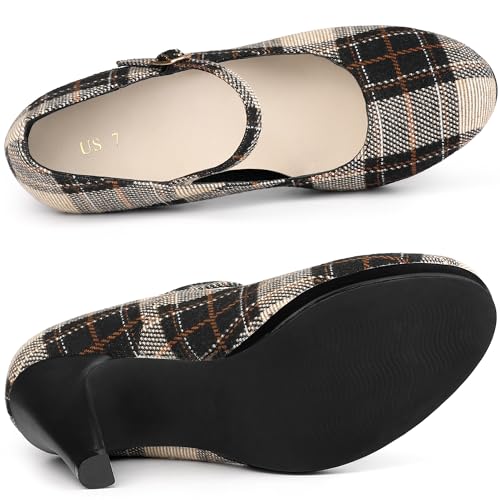 Allegra K Women's Houndstooth Platform Heels Mary Jane Black Brown Pumps 7 M US
