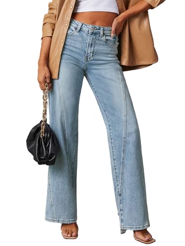 Women Womens Wide Leg Baggy Jeans High Waisted Straight Stretchy Denim Pants Seamed Long Trousers