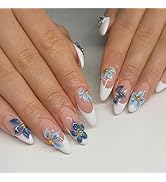 24Pcs Blue Flower Press on Nails Short Almond French Tip Fake Nails 3D Gold Rhinestones Flower Co...