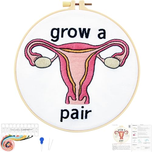 Image of Hand Embroidery Kits for Beginners Adults, Grow a Pair Uterus Embroidery DIY Kit, Stamped Cross Stitch Kits for Beginners Adult Craft Kits for Women, Entire Set of Embroidery Supplies & Video Tutorial