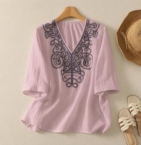 Image of RIEKA Womens Tunic Top with Floral Embroidery V Neck 3 /4 Sleeve Relaxed Fit Casual Ethnic Fusion Top Lightweight Sheer Fabric Everyday Wear for Women