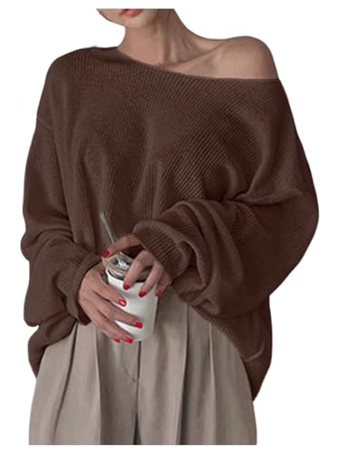 RoseSeek Women's Oversized Sweaters Off The Shoulder Waffle Knit Tops Long Sleeve Pullover Jumper Brown X-Large