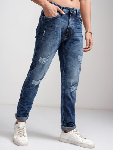 Image of Highlander Mens Tapered Fit Denim Jeans|Jeans for Man Regular Length|Distressed Jeans |Mid-Rise|Stylish Casual Wear with Stretchable Fabric for Everyday Comfort