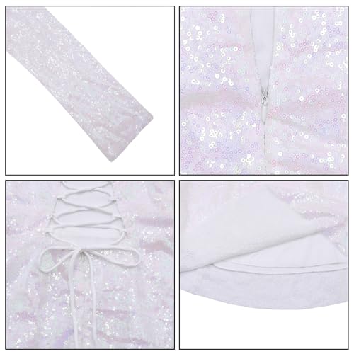 BOLLEY JOSS Women's Sequin Mini Dress Square Neck Self Tie Backless Sparkly Long Flare Sleeve Ruched Swing Dress4