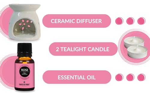 Image of Earth N Pure Diffuser Gift Set | Pack of - 1 Rose Essential Oil Therapeutic Grade - 15ml, 1 Ceramic Aroma Diffuser /Burner, 2 Tealight Candles | for Home Decor