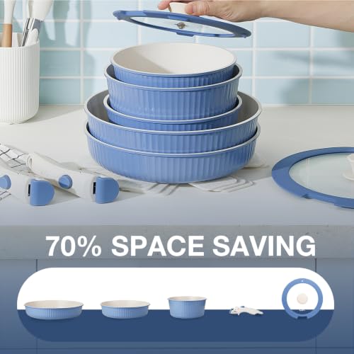Image of KOCH SYSTEME CS 19 Pcs Non stick Ceramic Cookware Set with Detachable Handles, Nonstick Pots and Pans Set, Induction /Dishwasher Safe, Non Toxic Space Saving Kitchen Set with Lids & Utensils, Blue