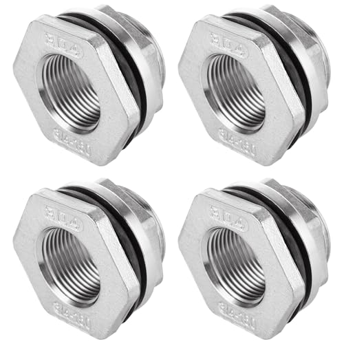 RHBLME 4 Pack 304 Stainless Steel Bulkhead Fitting 1/2 Inch, FPT Bulkhead Water Tank Connector Adapter Fitting with Gasket for Bathtub, Water Tank, Sink, etc