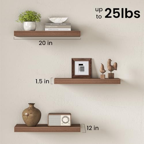 Image of Fun Memories 20 x 12 Inch Deep Floating Shelves, 12 Inch Deep Rustic Wooden Wall Shelves, Extra Deep & Heavy Duty Hanging Shelves for Living Room,Bedroom, Bathroom, Set of 3 (Walnut)