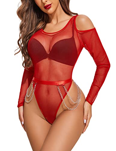 Avidlove Bodysuit for Women Mesh Tops Cold Shoulder Long Sleeve Shirts Waist Chains Snap Crotch Teddy Lingerie