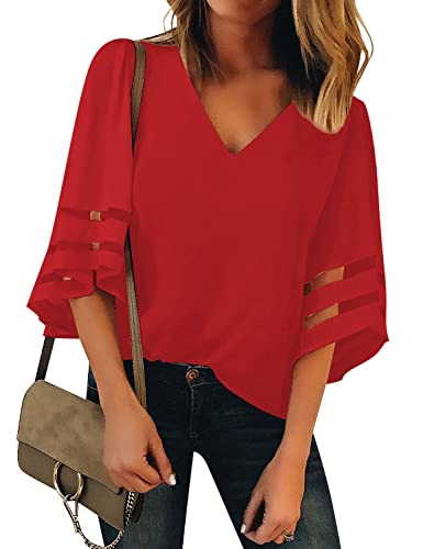 LookbookStore Women's V Neck Mesh Panel Blouse 3/4 Bell Sleeve Loose Top Shirt