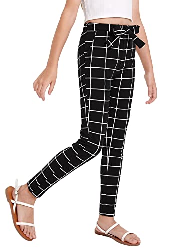 WDIRARA Girl's Stretchy Plaid Paper Bag Waist Skinny Legging Pants with Pockets3