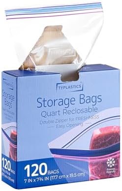 TYPLASTICS Quart Food Storage Zip Bags, 120 Count, Double Zipper, Easy Open Design, Reclosable