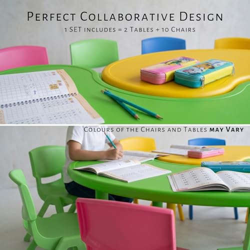 Image of eHomeKart Kids Half-Moon Table Set of 2 with 10 Chairs - Front Round Shape, Perfect for Home Use (53 x 20 x 20 inches) for Kids with Set of 10 Chairs- Perfect Fort Home