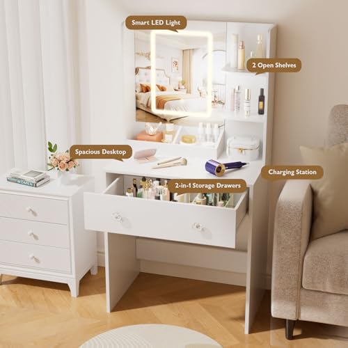Image of Vanity Desk with Mirror and LED Lights, Small Makeup Vanity Desk with 2 Drawers, 3 Storage Shelves, 24 Inches Make UP Dressing Table with Power Outlet, 3 Adjustable Lights for Girls Bedroom, White
