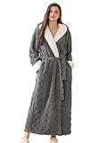 LOCIIXAT Women Sherpa Lined Fluffy Fleece Dressing Gown Long Cosy Hooded Bathrobe Wrap Lounging Housecoat, Grey 14-18 UK
