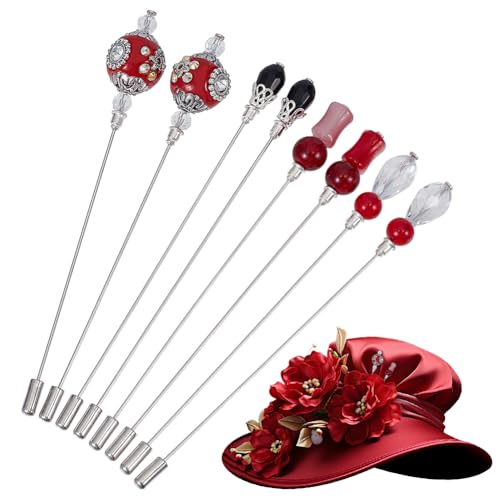 DELORIGIN 8Pcs Glass and Natural Jade Hat Pin 4.9 Inch Red Gemstone Bead Lapel Stick Pin Brass Decorative Long Needle Pins for Hat Tie Scarf Badge Suit Cardigan Jewelry Wedding Birthday