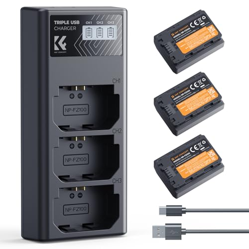 K&F CONCEPT 3 Pack NP FZ100 Batería 2280mAh y Cargador LCD de 3 Ranuras Compatible con Cámara Sony A7iii, A7iv, fx3, fx30, A6700, A7R, A9, A6600, A7Riii, A7Riv, A7R3, A7C, ZV E10ii, A7S3 y más
