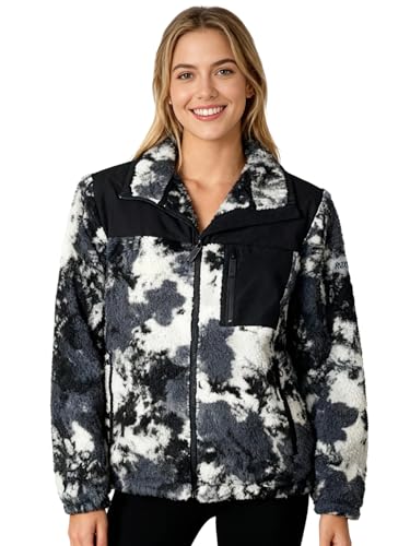 Roxy Women's Zip-Up Bonded Sherpa Jacket – Oversized Fit, PFAS-Free, Adjustable Hem, Black Combo, XX-Large