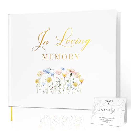 Image of Funeral Guest Book for Memorial Service, in Loving Memory 9x7.5 | 330 Guest Entries, Table Sign Included, Gold Stamping, Wild Floral Design, Celebration of Life Keepsake