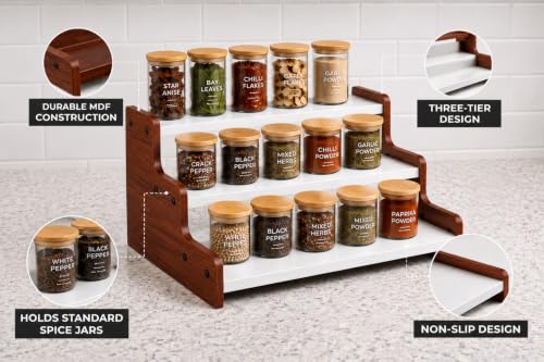 Image of FireBees Kitchen Organizer Rack | 3 Tier Wooden Kitchen Shelf Organisers & Shelf Riser for Counter Top | Wooden Kitchen Storage Stand | Rack for Spice Bottles, Jars, Seasonings (WHITE ORANGE)