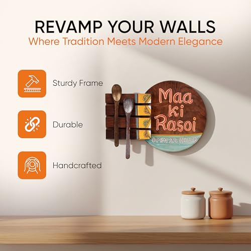 Image of AAKRITI ART CREATIONS Kitchen Decor Maa ki Rasoi Handcrafted in Wood, Floral Art Wooden Wall Hanging Panel Set of 1 Natural Brown | Matte Finish Wooden | Home Decor for Kitchen, Dining Area