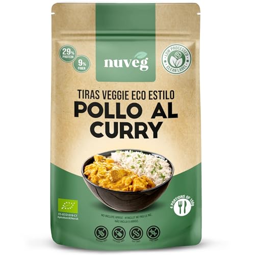 NUVEG Pack 2 Tiras Vegan Estilo Pollo al Curry, Comida Preparada Veggie Bio sin Gluten y Sin Lactosa, Alto en Proteína Vegetal, Fácil y Rápida, 330g