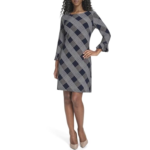 Image of Tommy Hilfiger Women's 3 /4 Ruffle Trim Sleeve Round Neck Jersey Shift Mini Dress