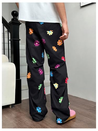 Men's Floral Parachute Pants Ruched Y2K Drawstring Waist Wide Leg Streetwear Pants2