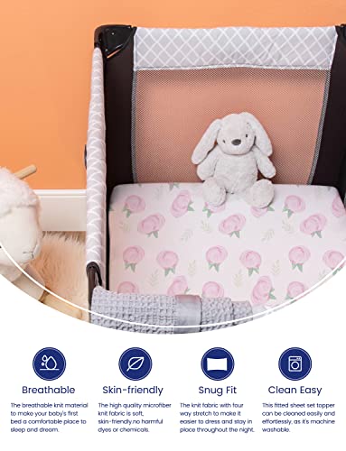 Image of TotAha Premium Stretchy Pack N Play Playard Sheets | Mini Crib Sheets (2-Pack) -Hypoallergenic, Silky Comfort, Buttery Soft, Calming Effect, All-Season Jersey-Knit (Pink Buds & Green Leaves)