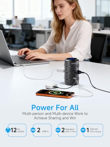 Image of 15FT Tower Power Strip with Dedicated 20W PD USB-C Port