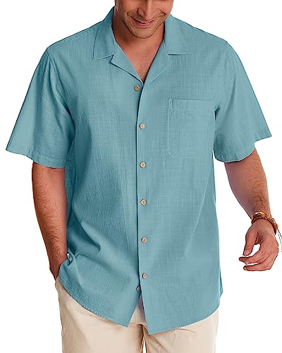 Image of Alimens & Gentle Mens Linen Shirts Cotton Hawaiian Shirts Short Sleeve Button Down Shirts Casual Summer Beach Tops