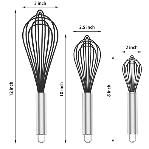 Image of OYV Silicone Whisk,3 pack Professional whisks for cooking non scratch,Stainless Steel & Silicone wisk,plastic rubber whisk for nonstick cookware,small silicone whisk set,black