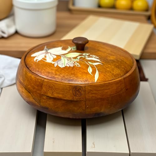 Image of Seasoned and Treated Mango Wood Wooden Chapati Box, Wooden roti box with lid, Melamine Coated, Printed lid- 10inch round with 1kg approx weight, Brown