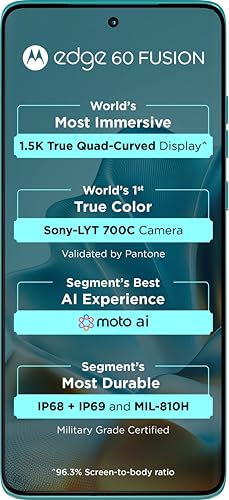 Image of Motorola Edge 60 Fusion 5G (Pantone Amazonite, 8GB RAM, 128GB Storage)| 6.67 inch pOLED Display | IP68 | 50MP+13MP Rear | 32MP Front Camera | MediaTek 7400 Processor| 5500mAh Battery | 68W Turbo Charger