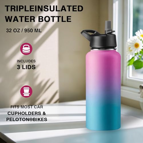 GARUET 950 ml Dreifach isolierte Wasserflasche mit Strohhalm - Edelstahl Metallflasche mit 3 auslaufsicheren Deckeln - Für Reisen, Schule, Sport, Fitness/Männer, Frauen & Kinder (Pacific Blue Rose